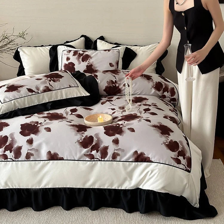 Duvet Cover Set Watercolor Floral Cotton Satin 4-Piece