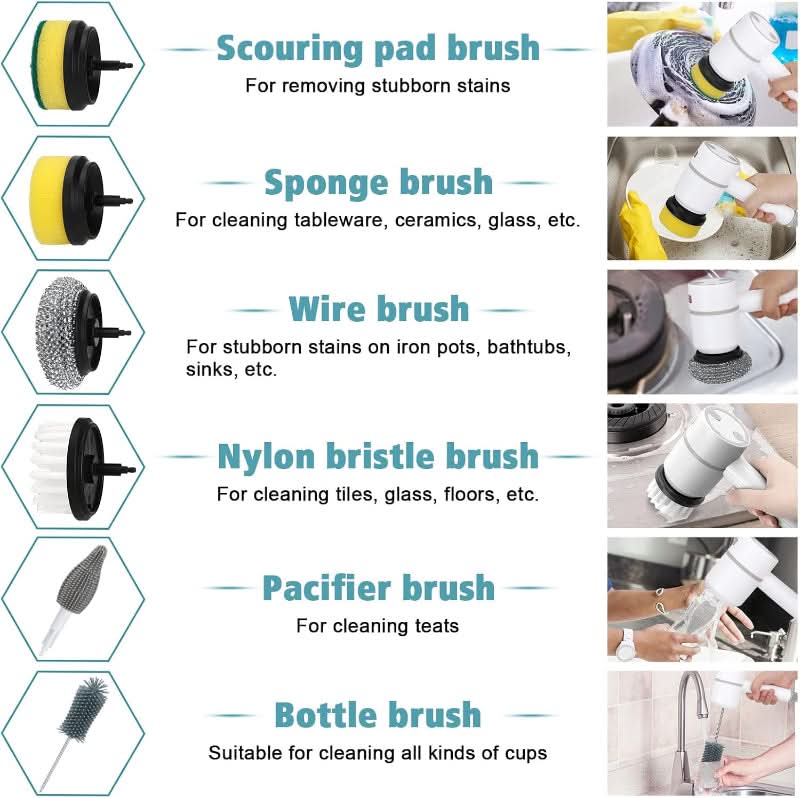 Electric Cleaning Brush Cordless With Interchangeable Heads & Three Speeds