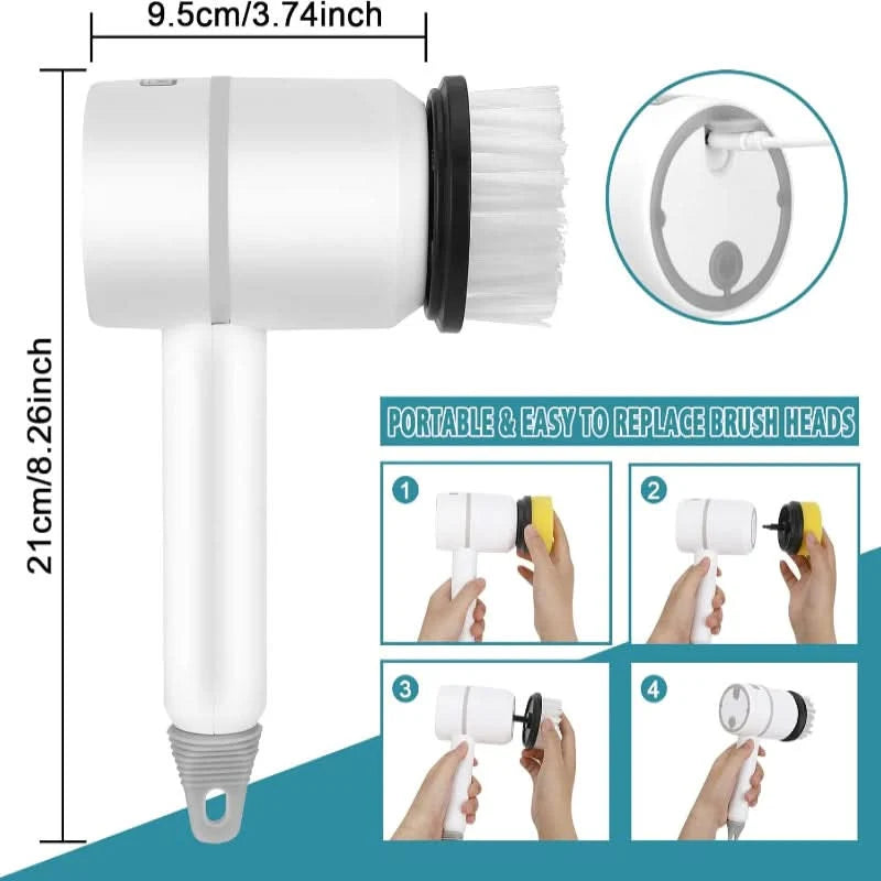 Electric Cleaning Brush Cordless With Interchangeable Heads & Three Speeds