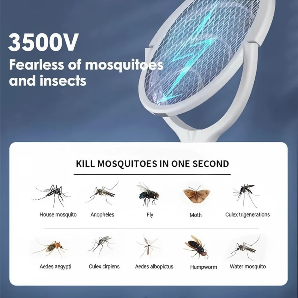 Electric Mosquito Swatter Adjustable Head LED Light USB Rechargeable
