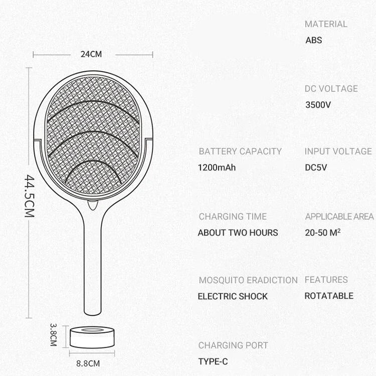 Electric Mosquito Swatter Adjustable Head LED Light USB Rechargeable
