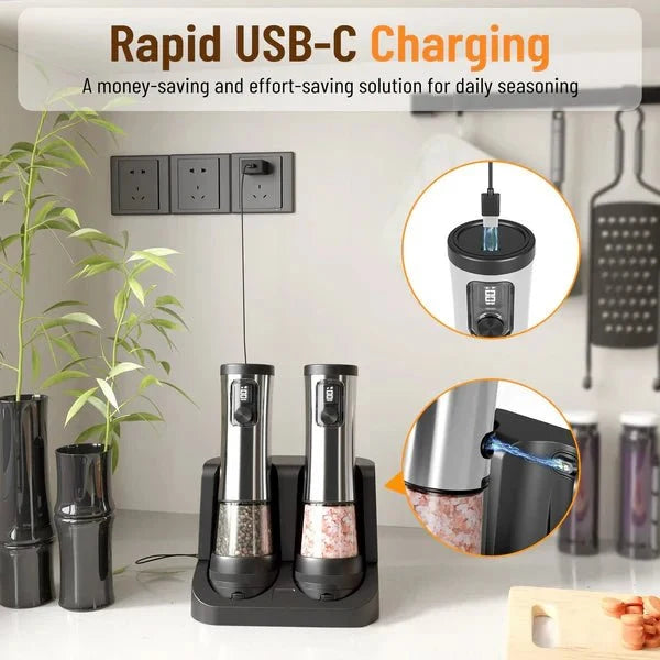 Electric Salt And Pepper Mill Set Rechargeable Adjustable Grind LED Display