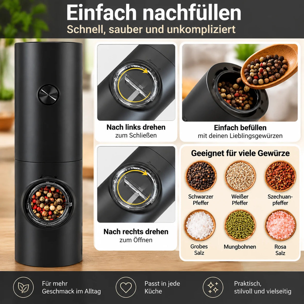 Electric Salt & Pepper Grinder Set Tilt-Activated Adjustable Grind