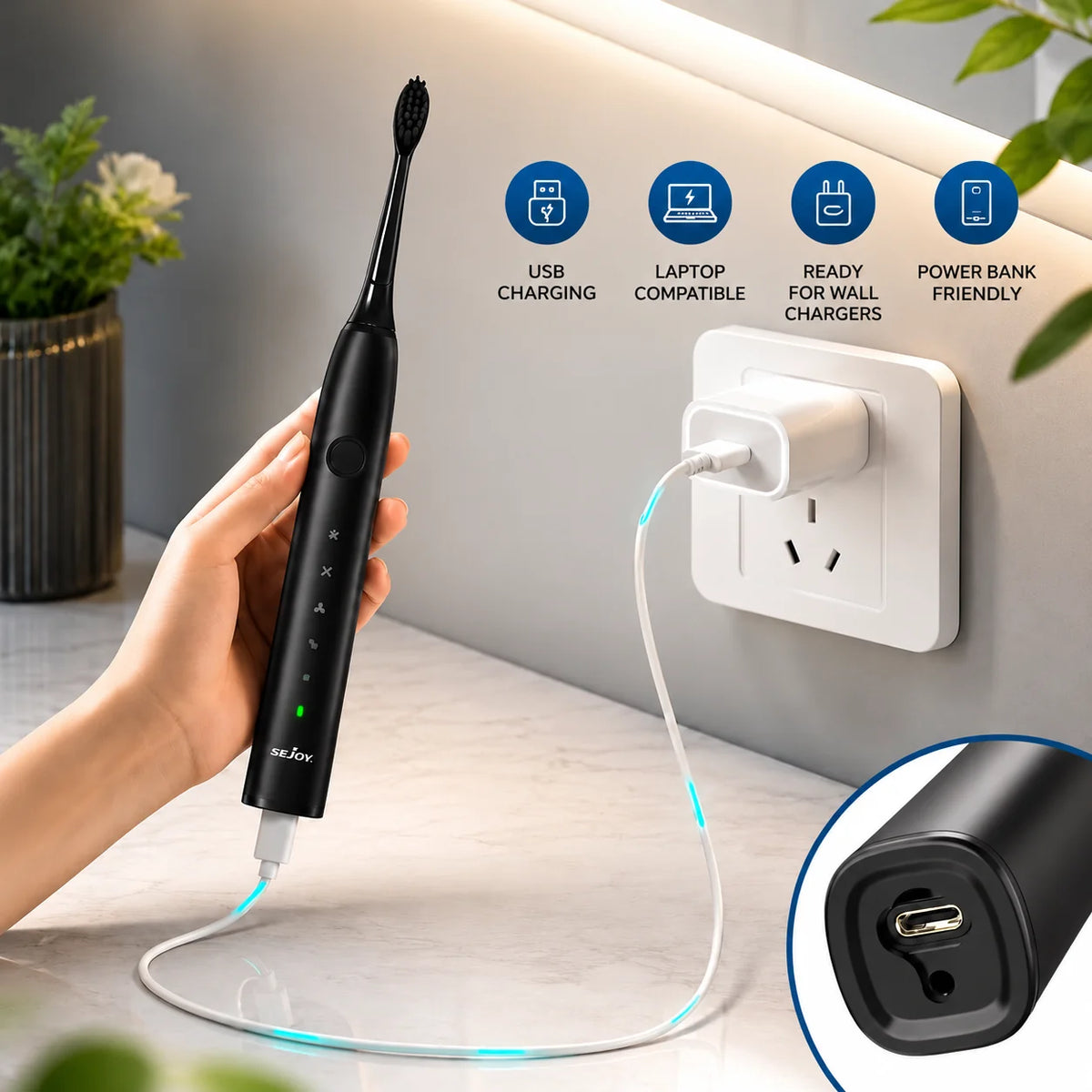 Electric Sonic Toothbrush Quiet USB Rechargeable 8 Replacement Heads
