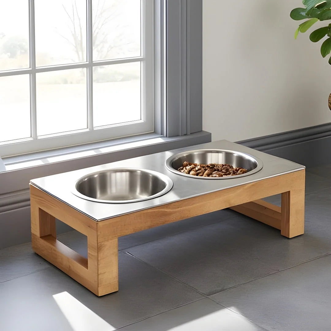 Elevated Dog Bowl Stand Hardwood Double Stainless Steel Bowls