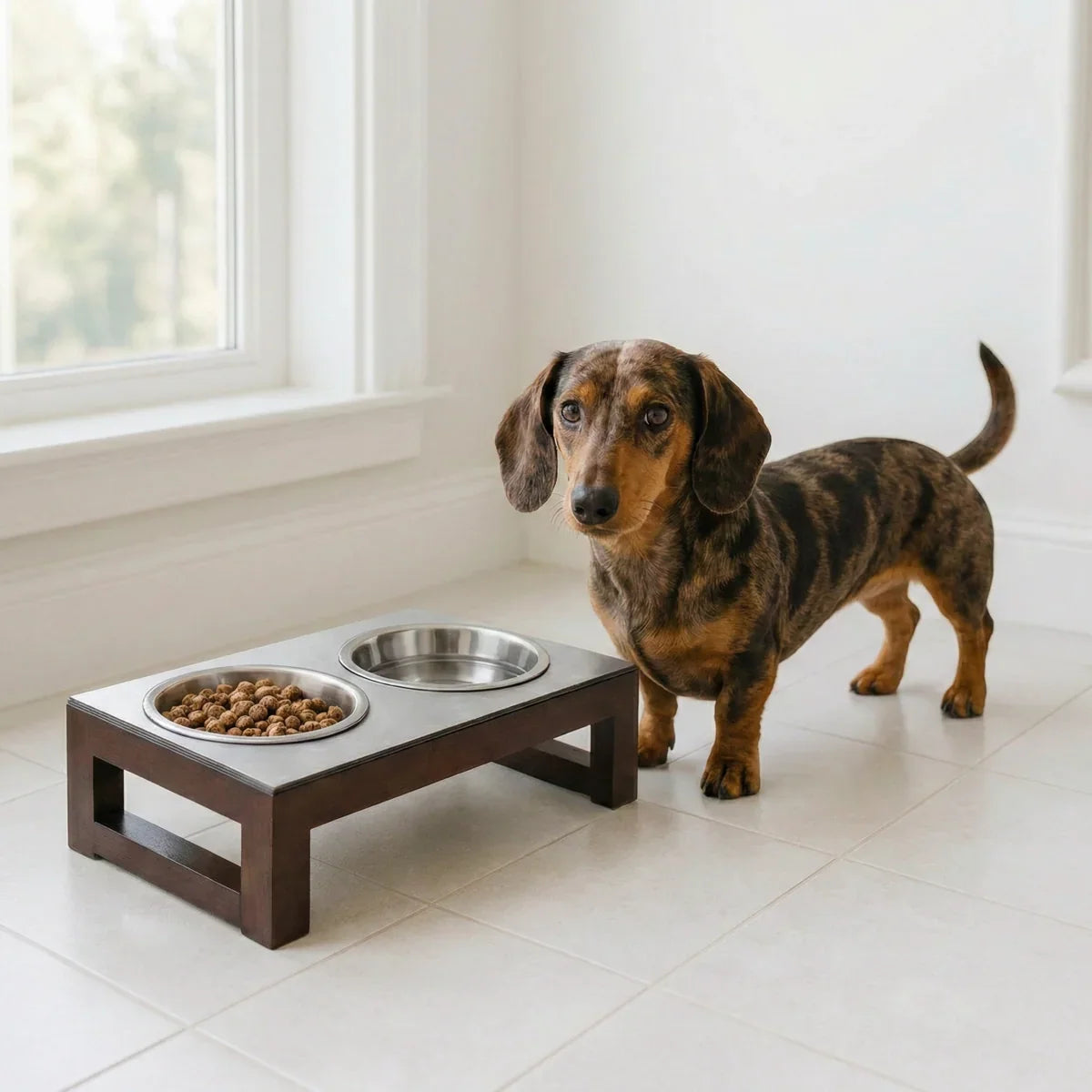Elevated Dog Bowl Stand Hardwood Double Stainless Steel Bowls
