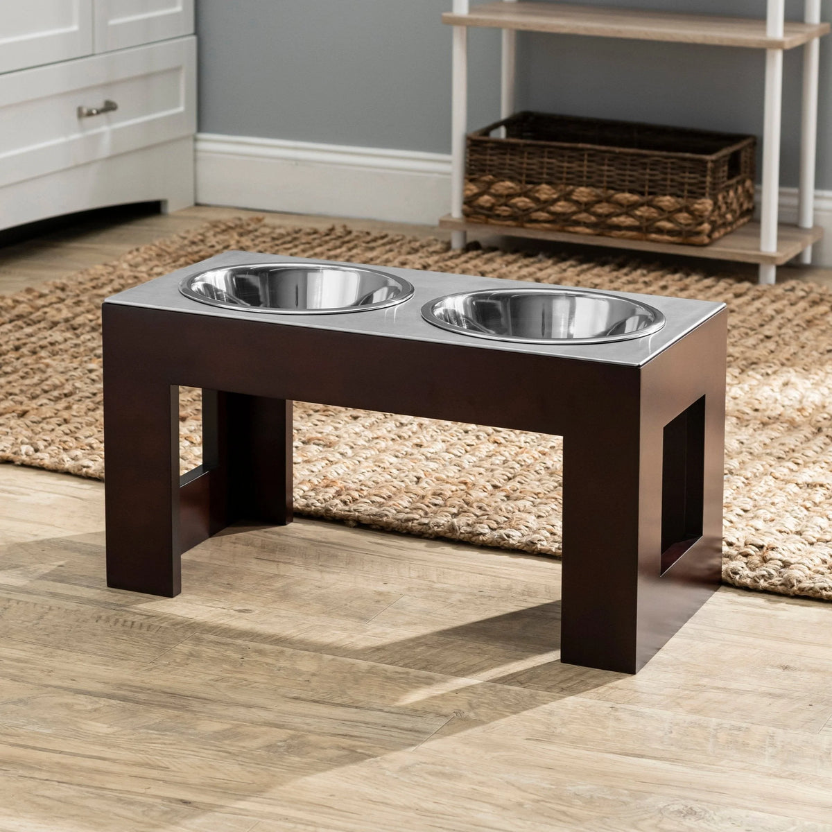 Elevated Dog Bowl Stand Hardwood Double Stainless Steel Bowls