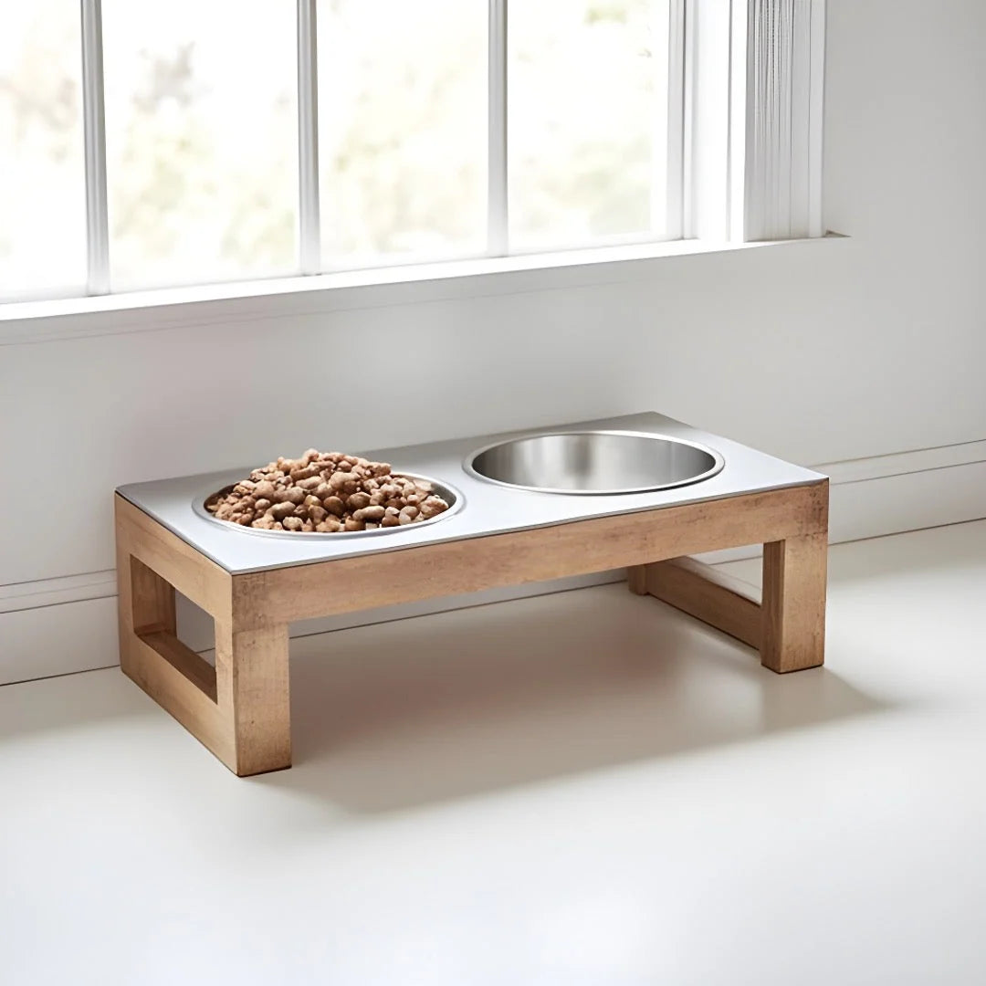 Elevated Dog Bowl Stand Hardwood Double Stainless Steel Bowls