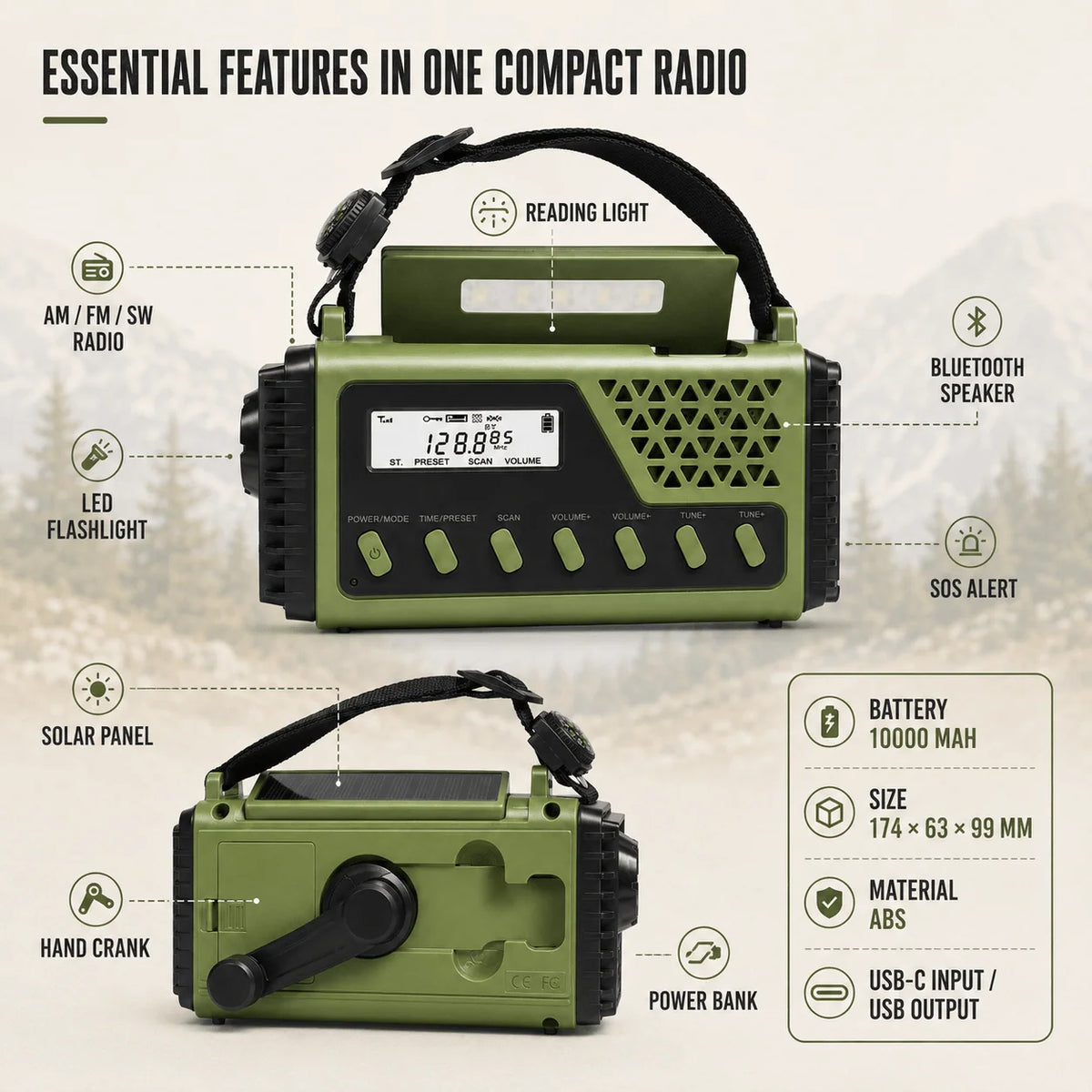 Emergency Radio Hand Crank & Solar Charging 10,000mAh Power Bank