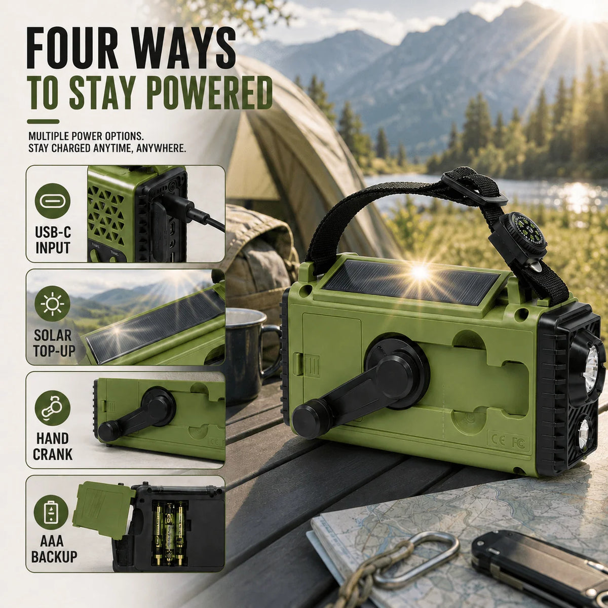 Emergency Radio Hand Crank & Solar Charging 10,000mAh Power Bank