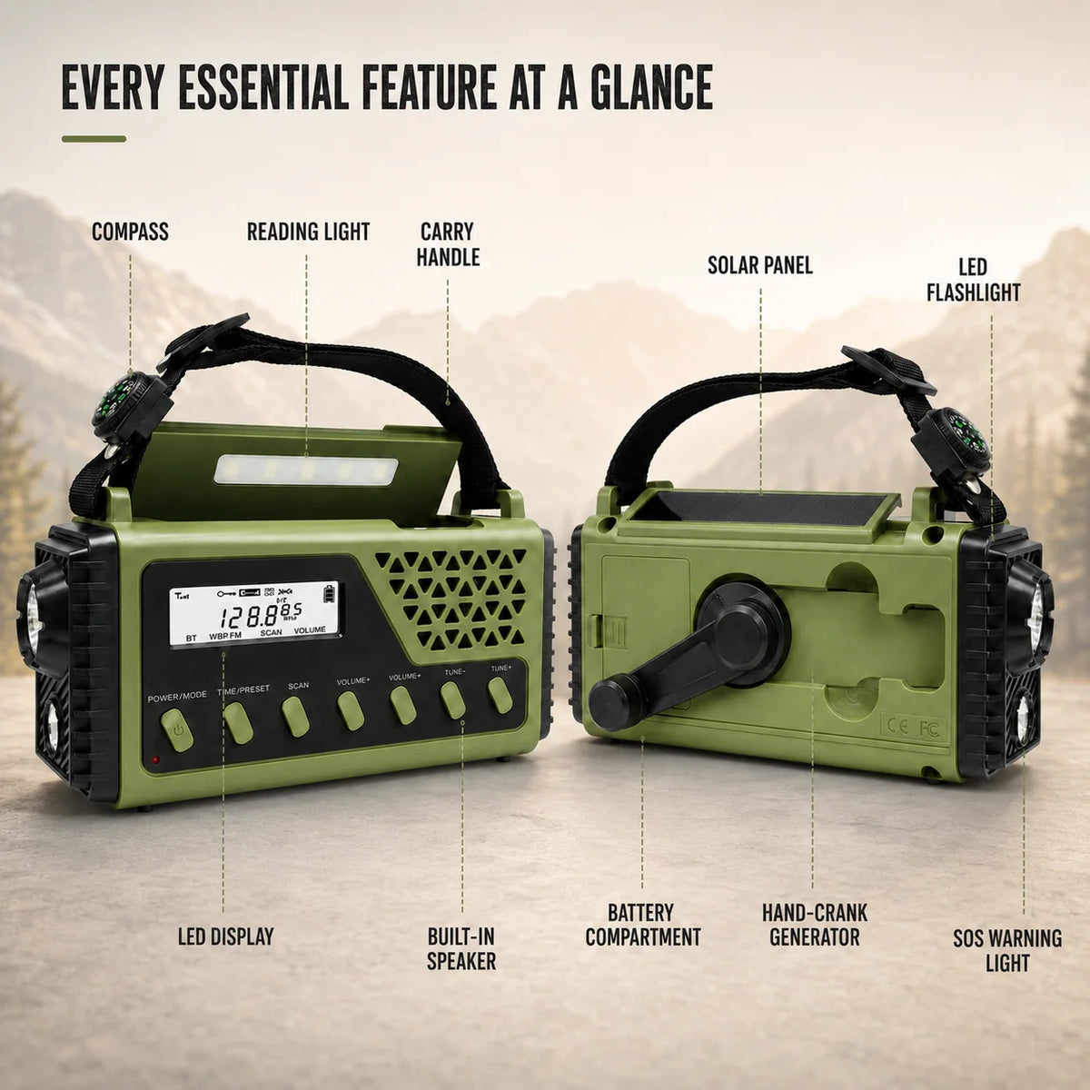 Emergency Radio Hand Crank & Solar Charging 10000mAh Battery Bluetooth Speaker