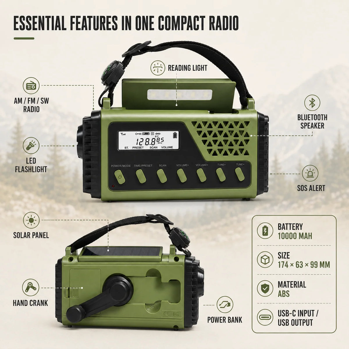Emergency Radio Hand Crank & Solar Charging 10000mAh Battery Bluetooth Speaker