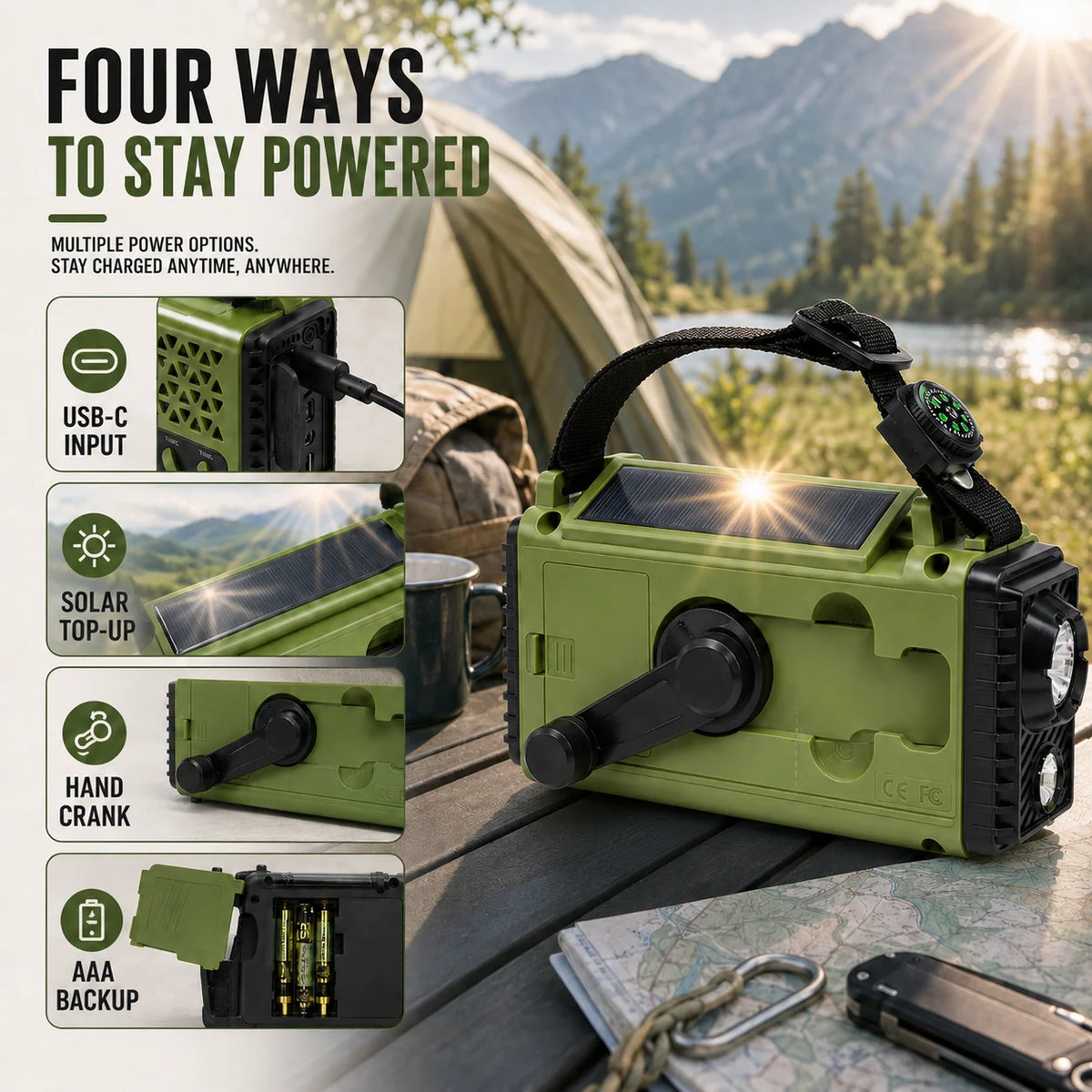 Emergency Radio Hand Crank & Solar Charging 10000mAh Battery Bluetooth Speaker