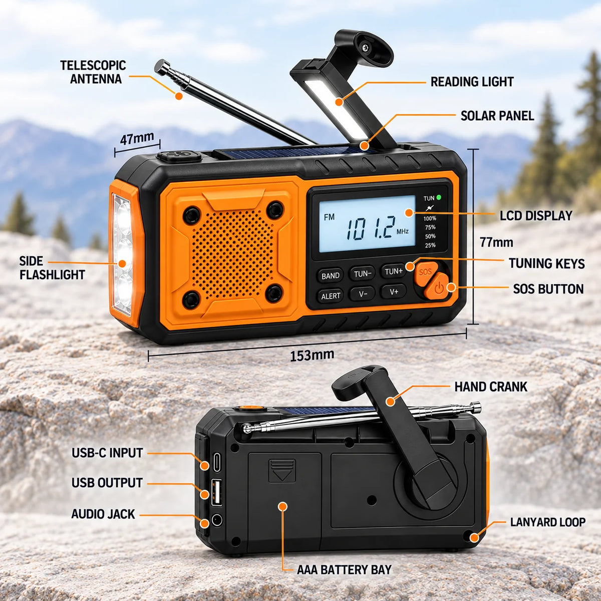 Emergency Radio Hand Crank & Solar Charging Built-In Flashlight