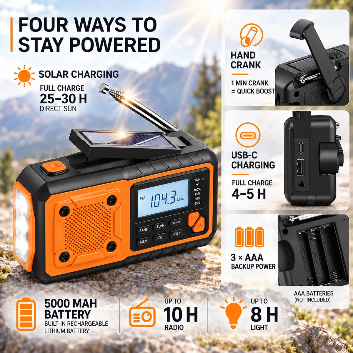 Emergency Radio Hand Crank & Solar Charging Built-In Flashlight