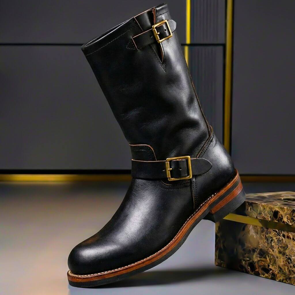 Engineer Boots Genuine Leather Double Buckle Mid-Calf