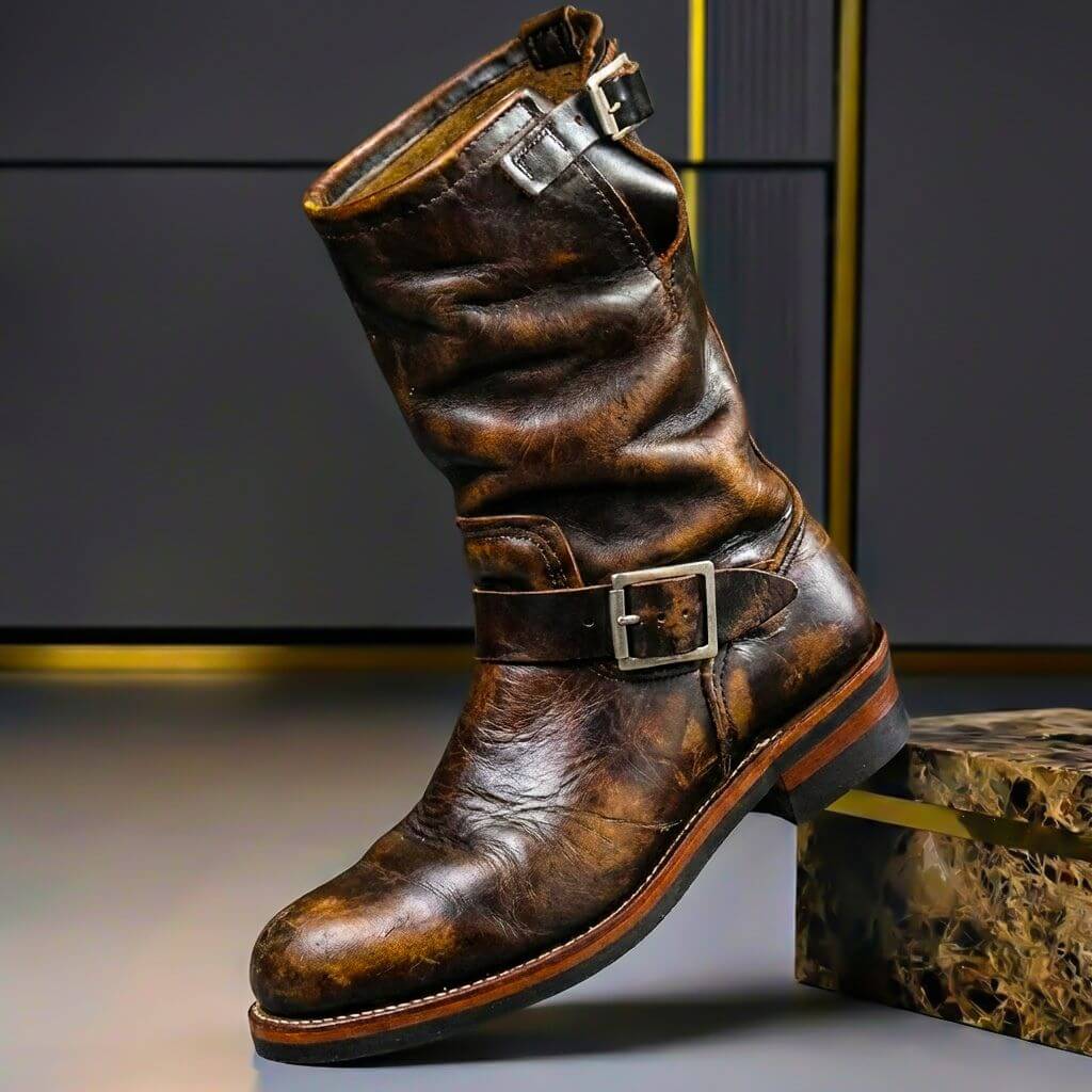 Engineer Boots Genuine Leather Double Buckle Mid-Calf