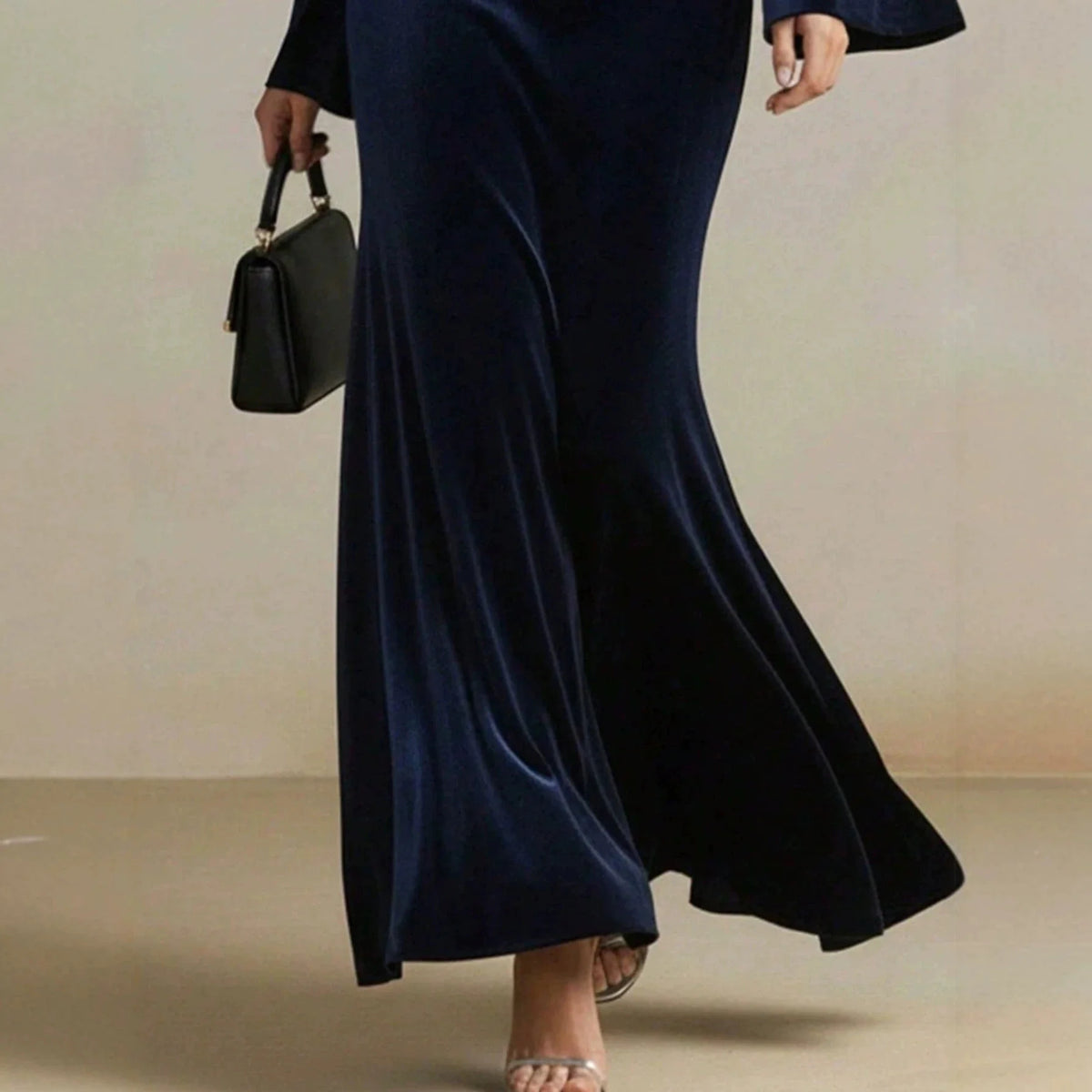 Evening Dress Velvet Cowl Neck Maxi Trumpet Sleeves