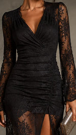 Evening Maxi Dress Lace V-Neck Long Sleeves Side Slit