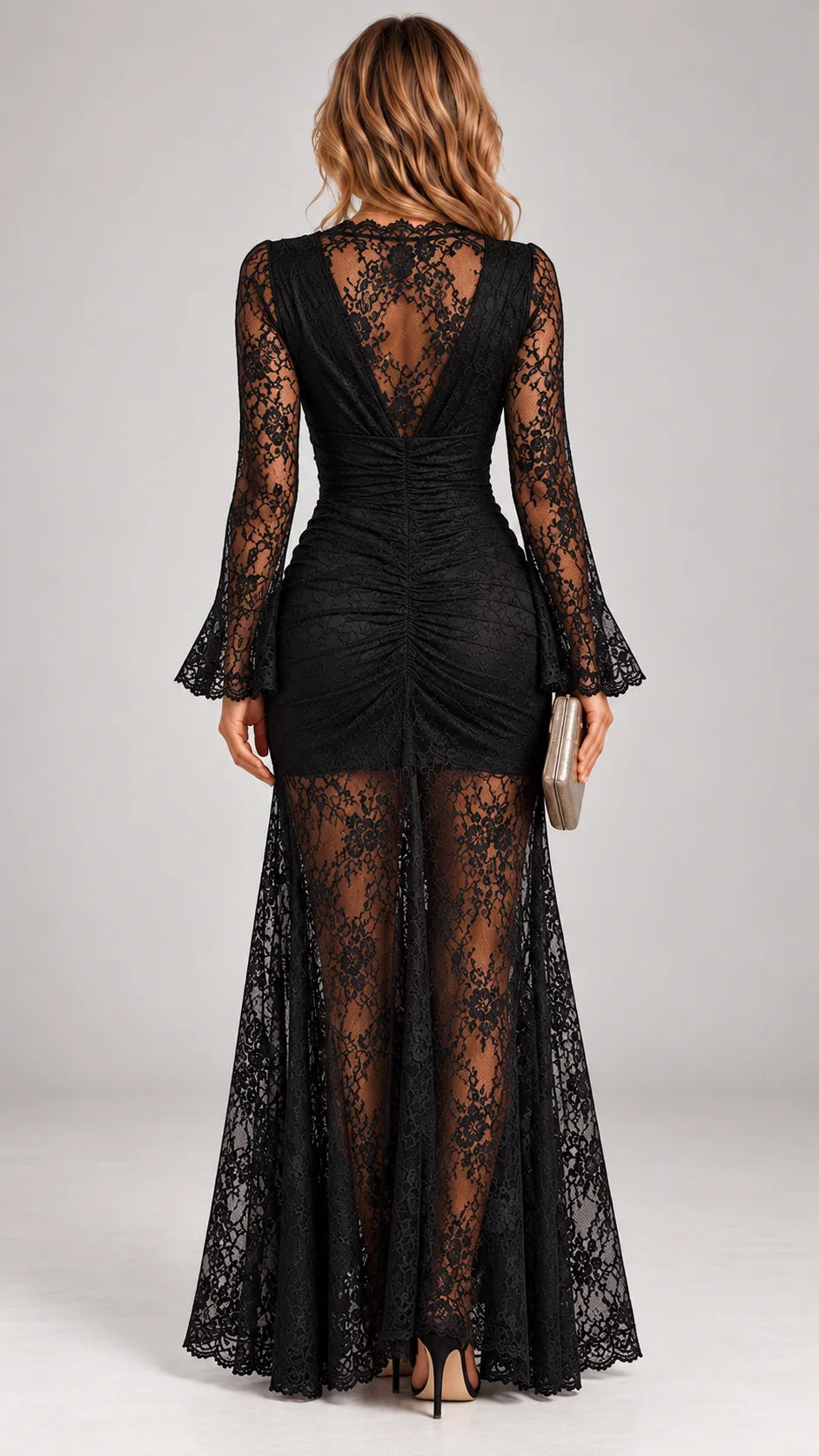Evening Maxi Dress Lace V-Neck Long Sleeves Side Slit