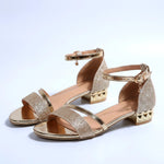 Evening Sandals Glitter Front Strap Ankle Strap Low Block Heel