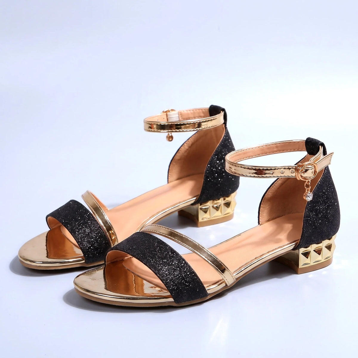 Evening Sandals Glitter Front Strap Ankle Strap Low Block Heel