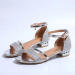 Evening Sandals Glitter Front Strap Ankle Strap Low Block Heel
