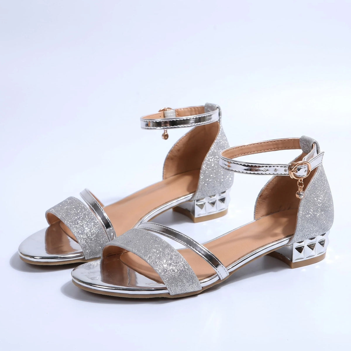 Evening Sandals Glittery Ankle Strap Low Block Heel