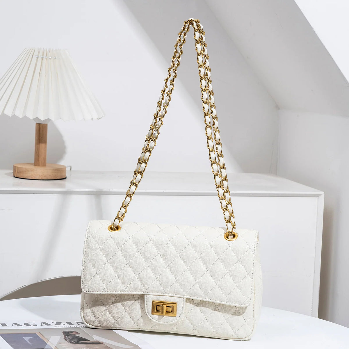 Evening Shoulder Bag Quilted Adjustable Chain Strap Gold-Tone Hardware