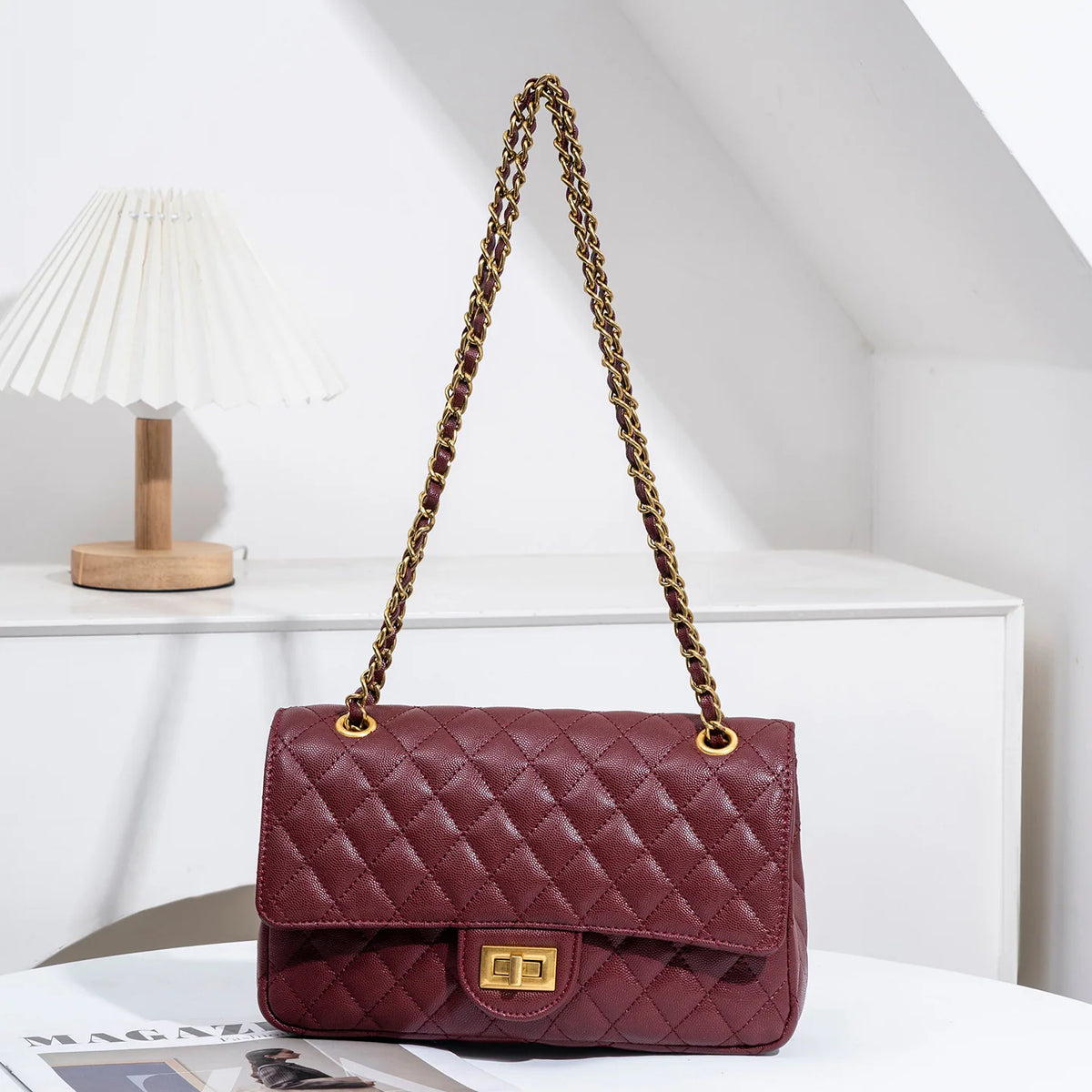 Evening Shoulder Bag Quilted Adjustable Chain Strap Gold-Tone Hardware