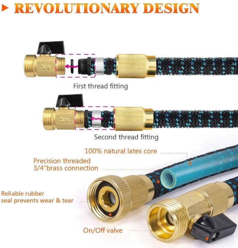 Expandable Garden Hose Kink-Free Lightweight Solid Brass Connectors