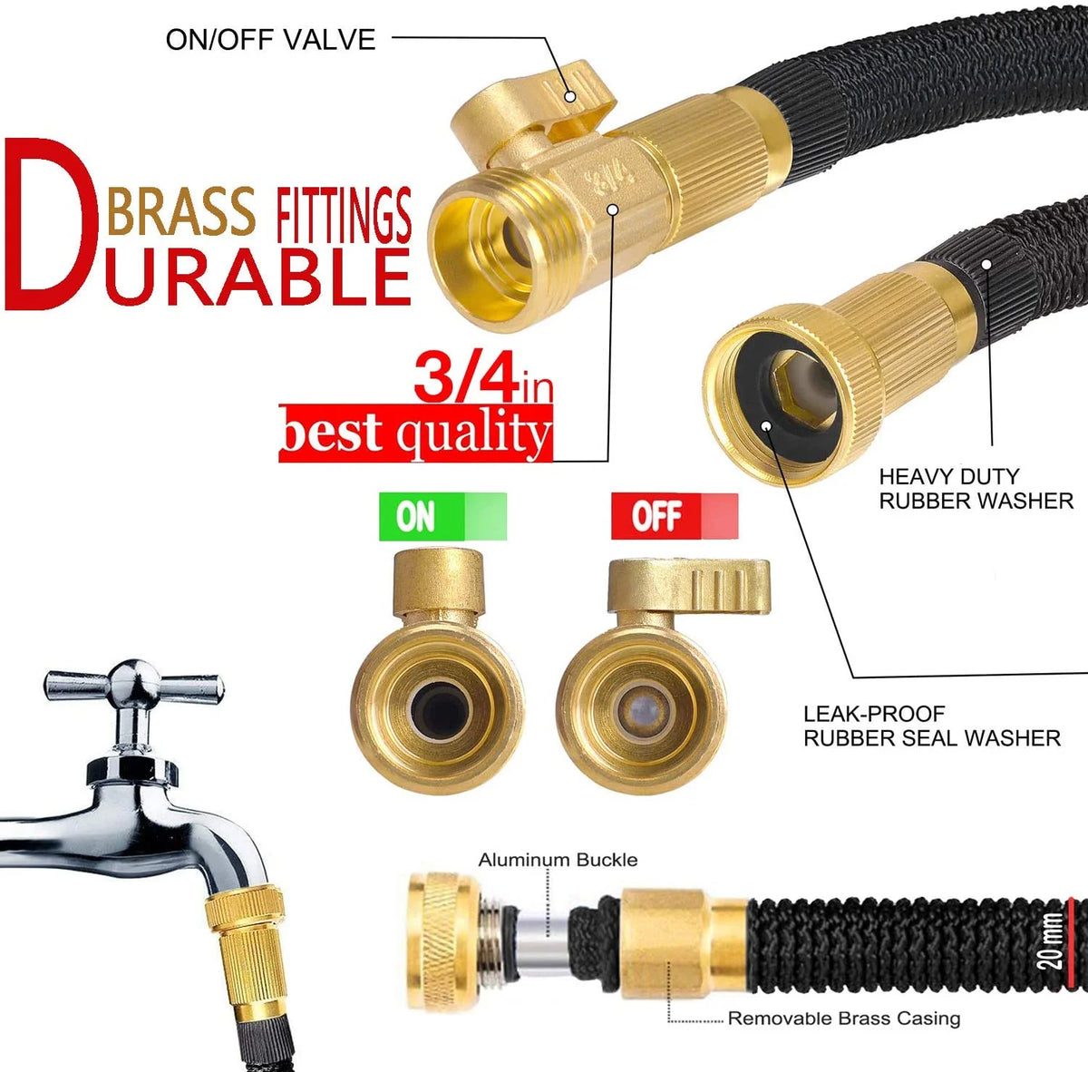 Expandable Garden Hose Kink-Free Lightweight Solid Brass Connectors