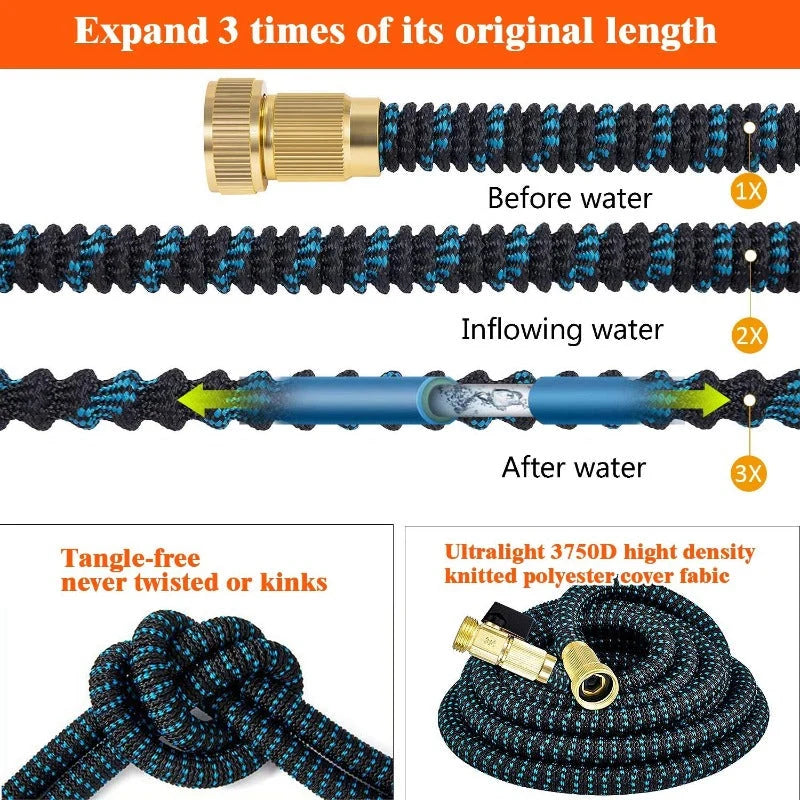 Expandable Garden Hose Kink-Free Lightweight Solid Brass Connectors