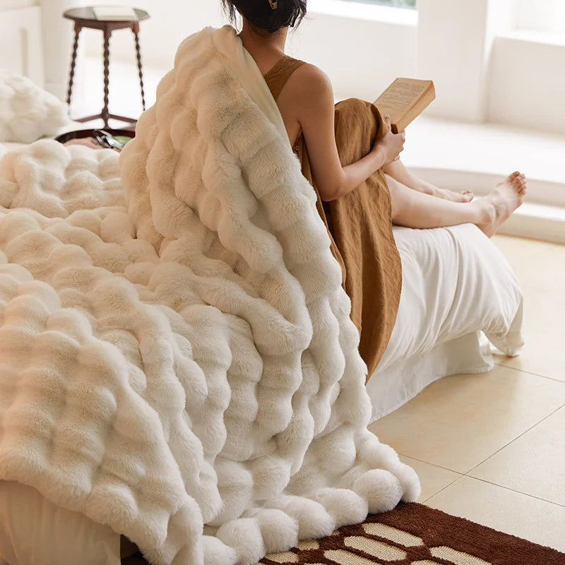 Faux Fur Throw Blanket Soft Insulating Wave Texture