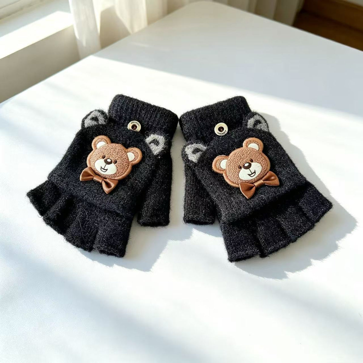 Fingerless Gloves Soft Fabric Touchscreen-Friendly Bear Design