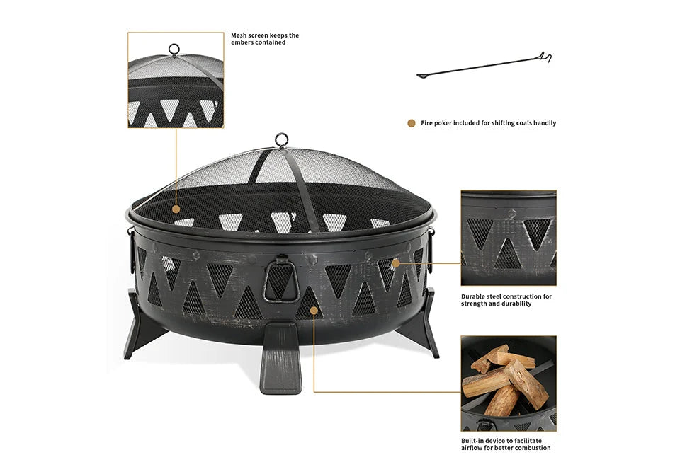 Fire Pit 30-Inch Steel Wood-Burning With Spark Screen & Poker