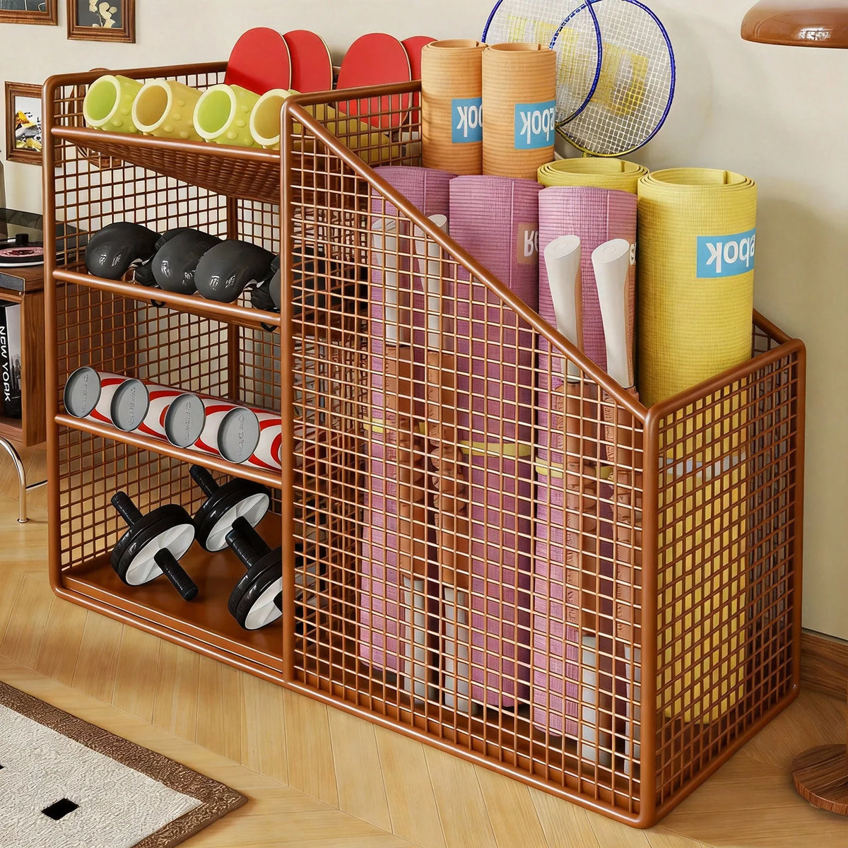 Fitness Equipment Storage Rack Vertical Mesh Multi-Compartment