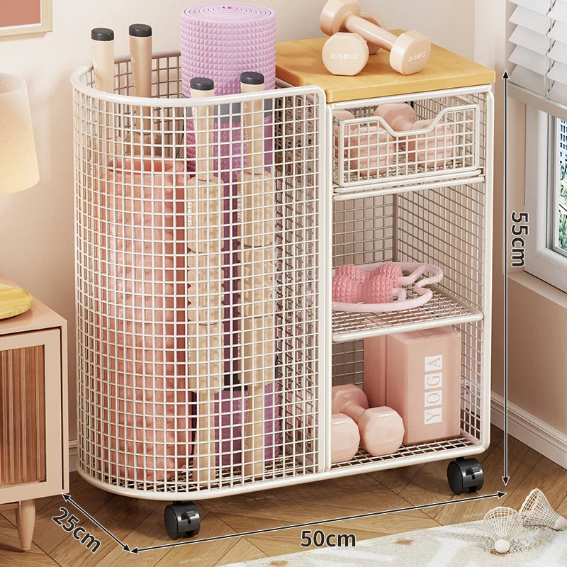 Fitness Storage Cart Yoga Mat Compartment Mesh Shelves & Drawer