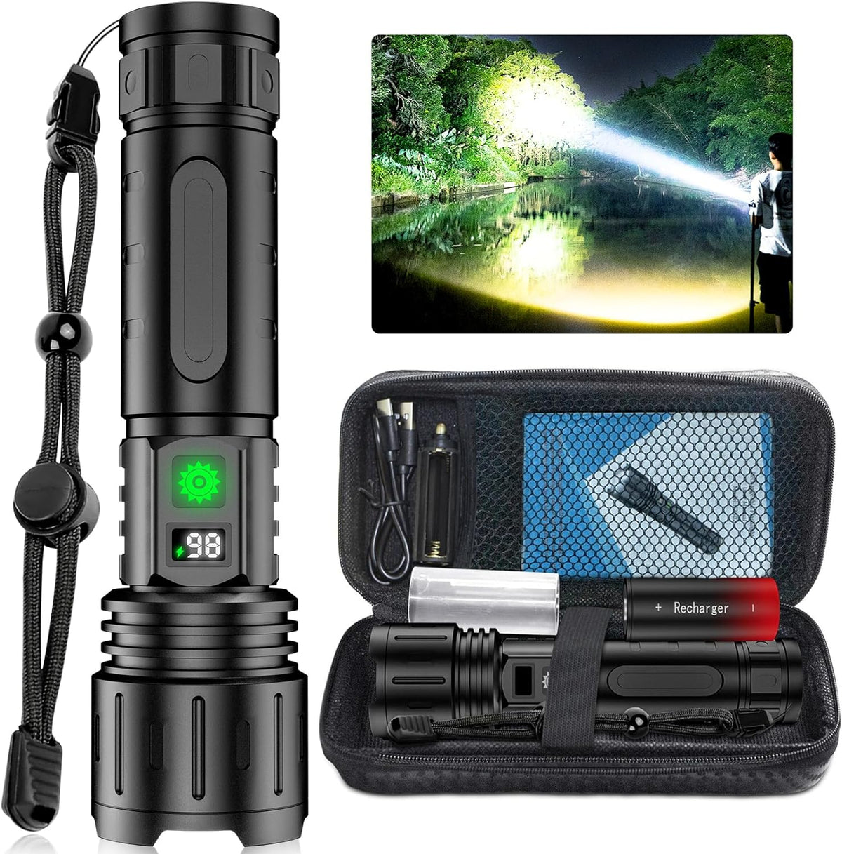 Flashlight Tactical 100,000 Lumens USB-C Rechargeable & Power Bank