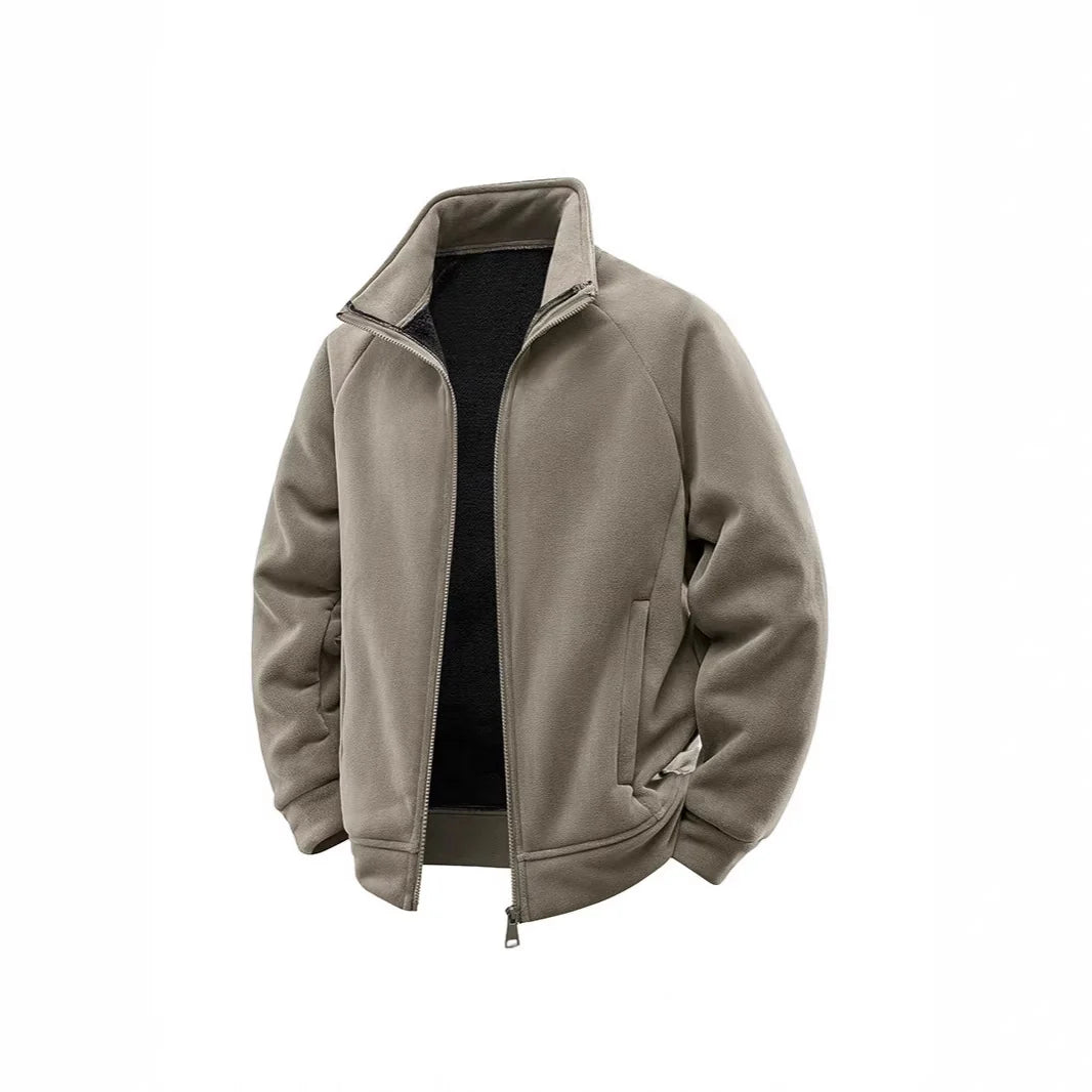 Fleece Jacket Double-Layer Teddy Lined High Collar Zipper Pockets