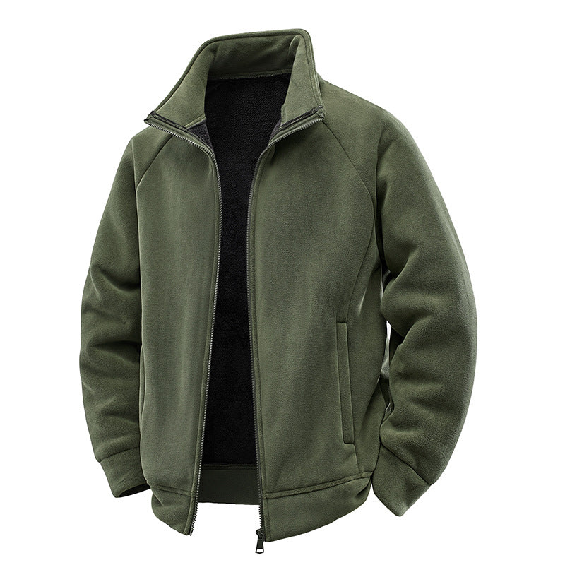 Fleece Jacket Double-Layer Teddy Lined High Collar Zipper Pockets