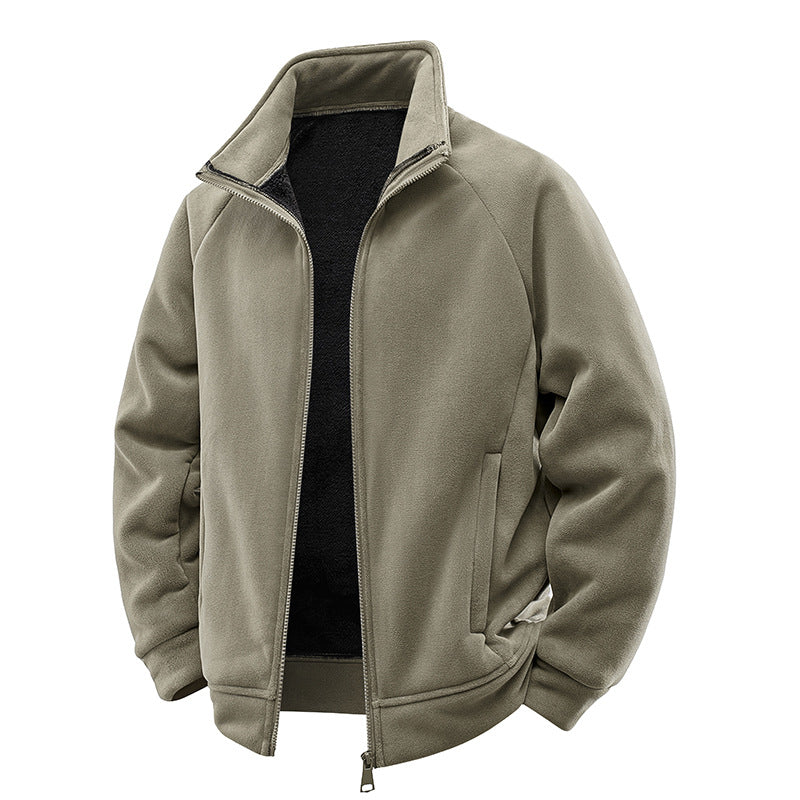 Fleece Jacket Double-Layer Teddy Lined High Collar Zipper Pockets