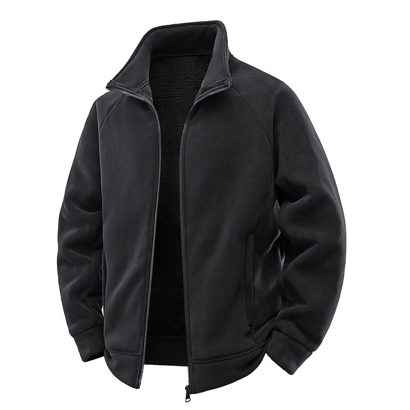 Fleece Jacket Double-Layer Teddy Lined High Collar Zipper Pockets