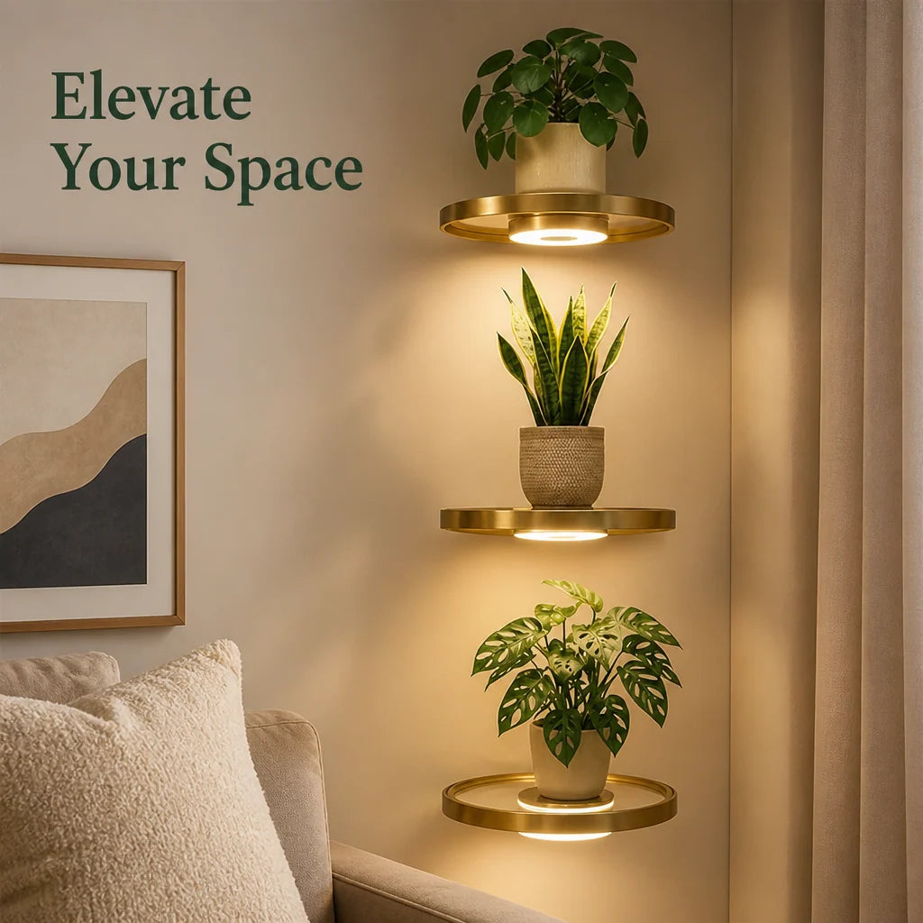 Floating Wall Shelf Built-In Warm LED USB Rechargeable Gold Finish