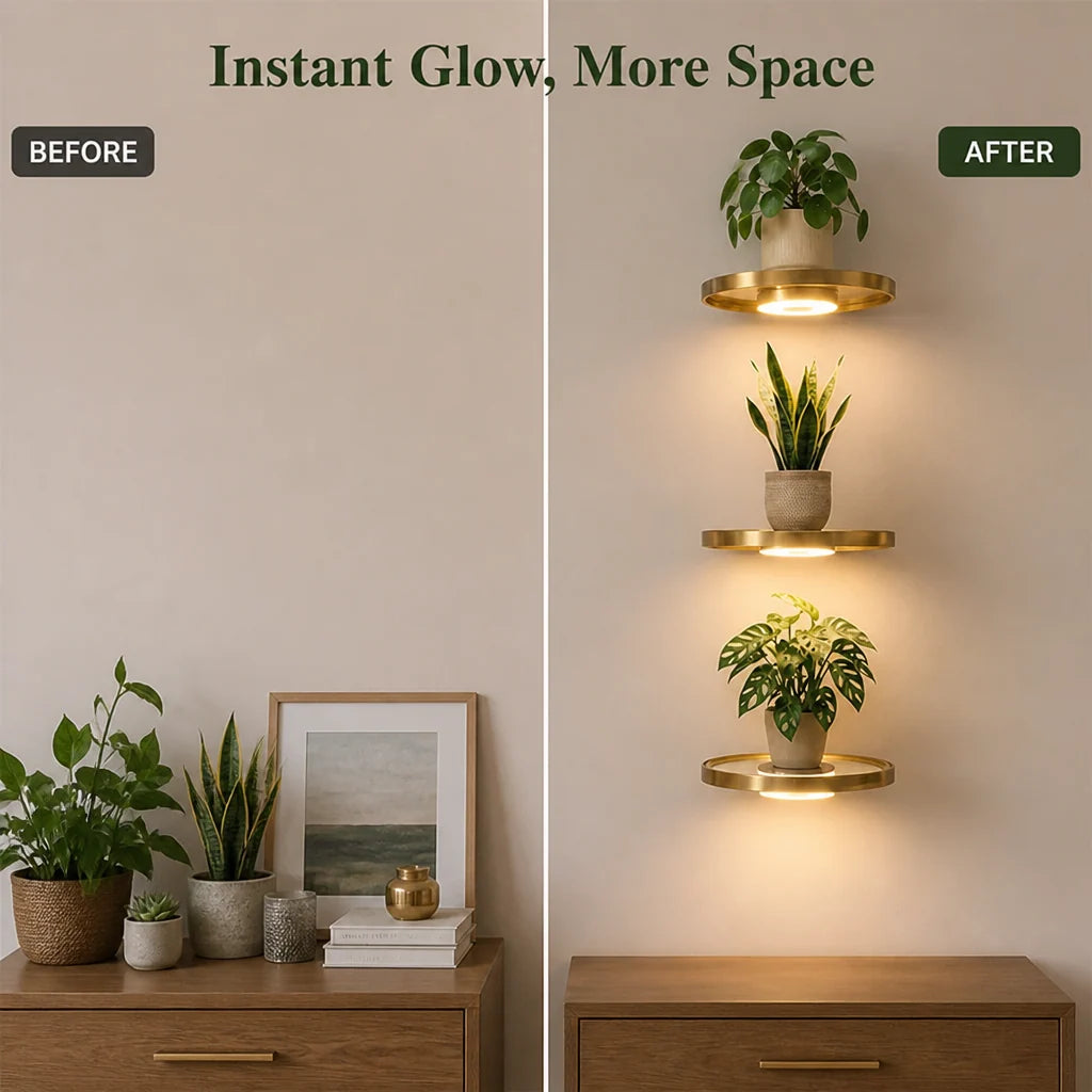Floating Wall Shelf Built-In Warm LED USB Rechargeable Gold Finish