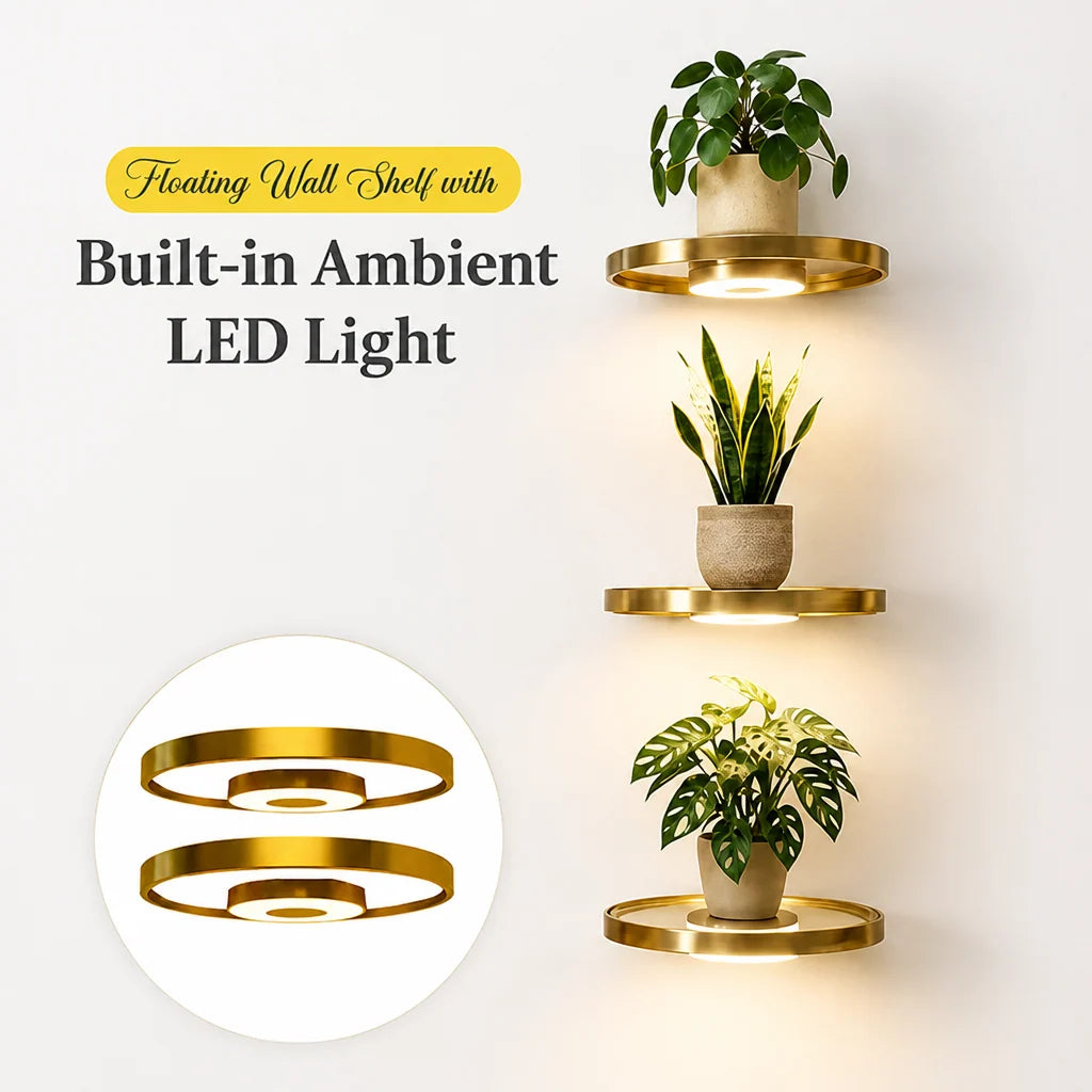 Floating Wall Shelf Built-In Warm LED USB Rechargeable Gold Finish