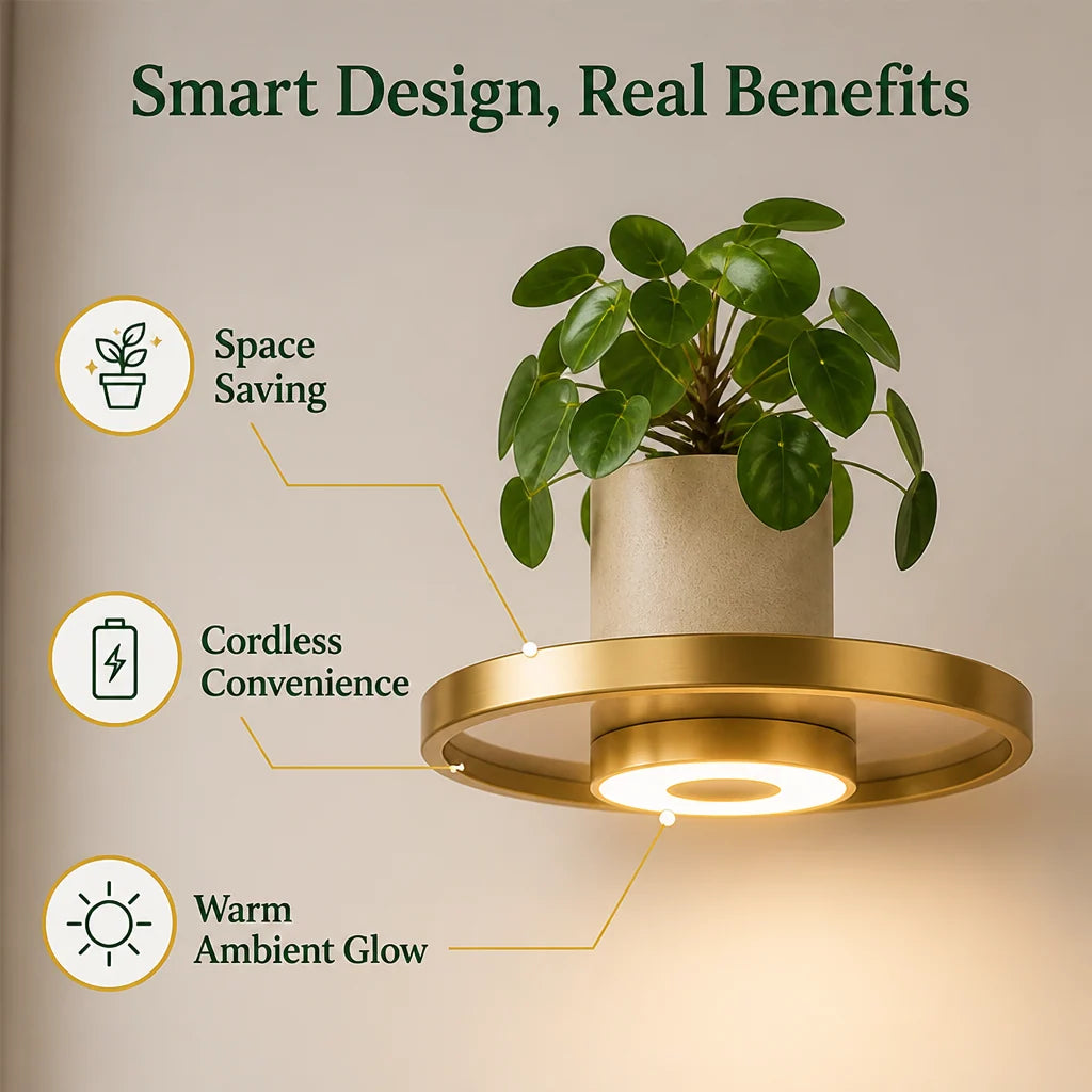 Floating Wall Shelf Warm LED USB Rechargeable Gold Finish