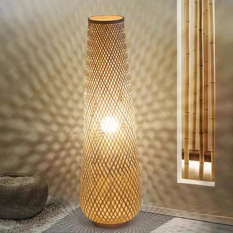 Floor Lamp Woven Rattan Shade Wooden Base LED Compatible