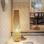 Floor Lamp Woven Rattan Shade Wooden Base LED Compatible