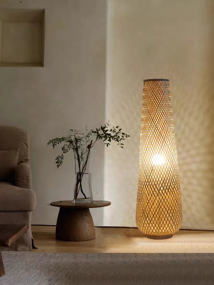 Floor Lamp Woven Rattan Shade Wooden Base LED Compatible